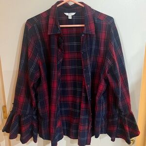 Time and Tru Navy and Red Plaid Button-Up Shirt bell sleeves and ties